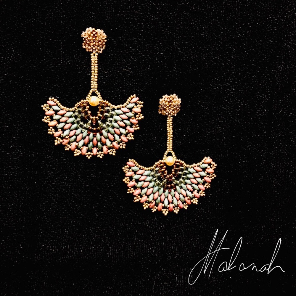 Handmade beaded fan drop earrings
